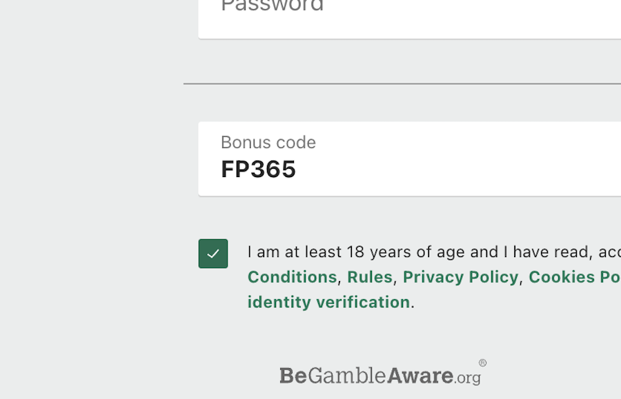 The bonus code FP365 for the Bet365 registration process.
